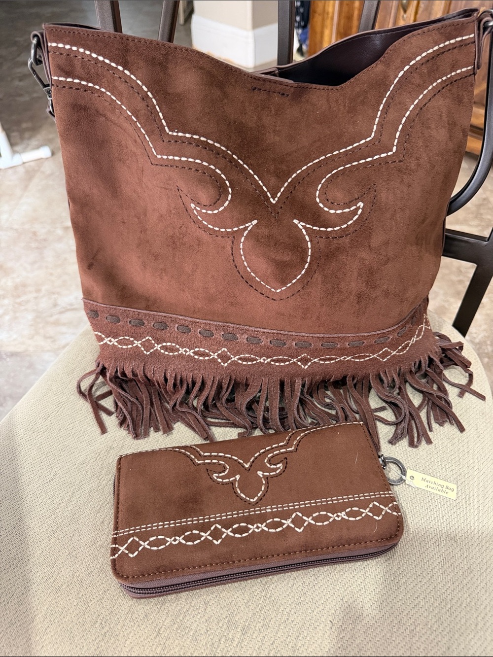 Montana West Brown Suede Fringe Shoulder Bag with Matching Wallet